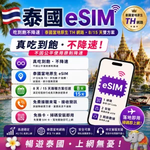 泰國 eSIM 吃到飽不降速|泰國當地原生 TH 網路・8/15 天