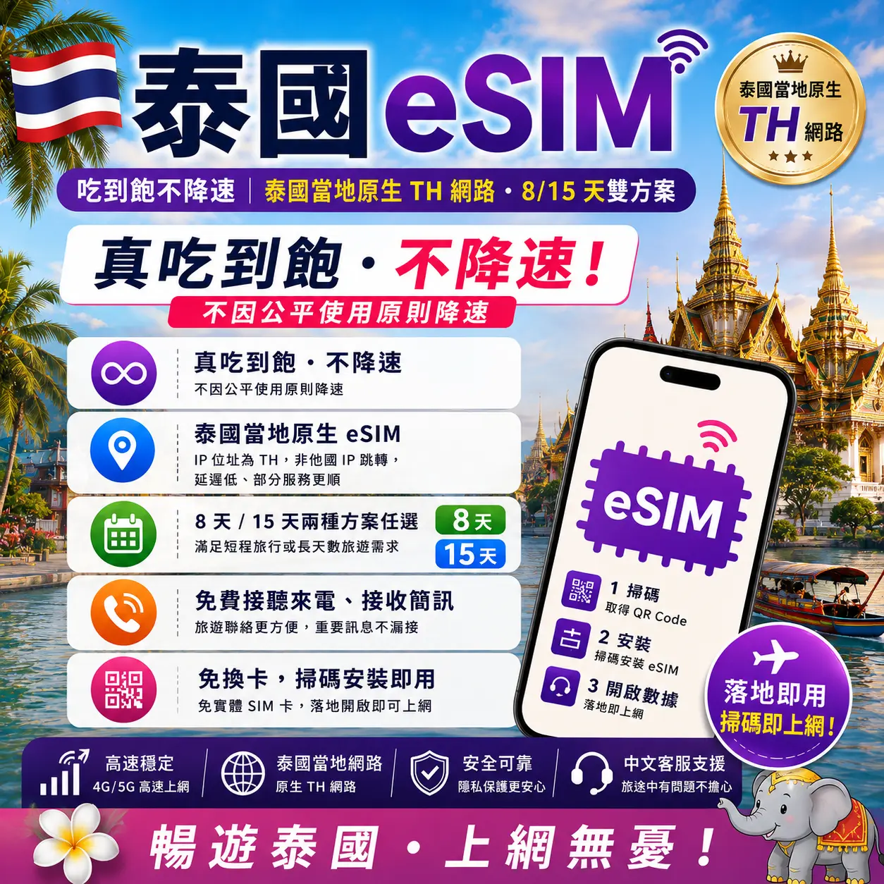 泰國 eSIM 吃到飽不降速|泰國當地原生 TH 網路・8/15 天