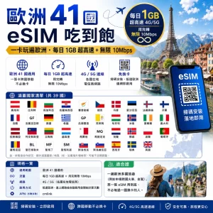 歐洲 41 國 eSIM 吃到飽|每日 1GB 超高速+無限 10Mbps・一卡玩遍歐洲