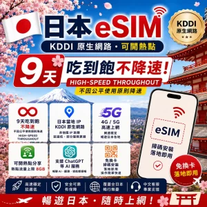 日本 eSIM 9天吃到飽不降速|KDDI 原生網路・可開熱點